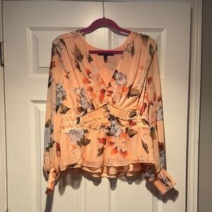 WHBM Large Floral Peach Flowy VNeck Blouse Peplum Sheerlined Longsleeve